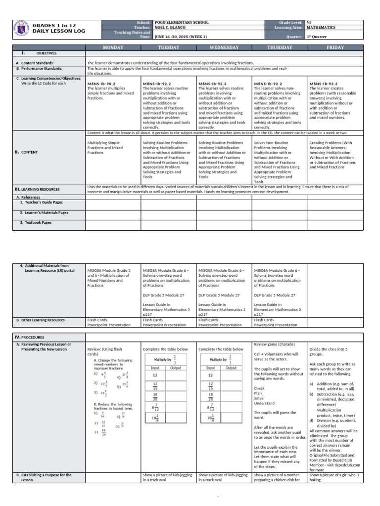Grade 6 Math Daily Lesson Plan | PDF | Learning | Multiplication