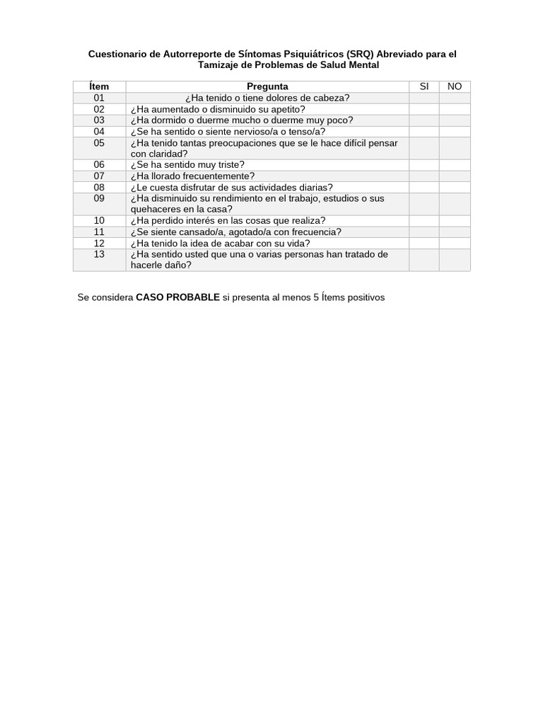 Cuestionario SRQ para Tamizaje Mental | PDF