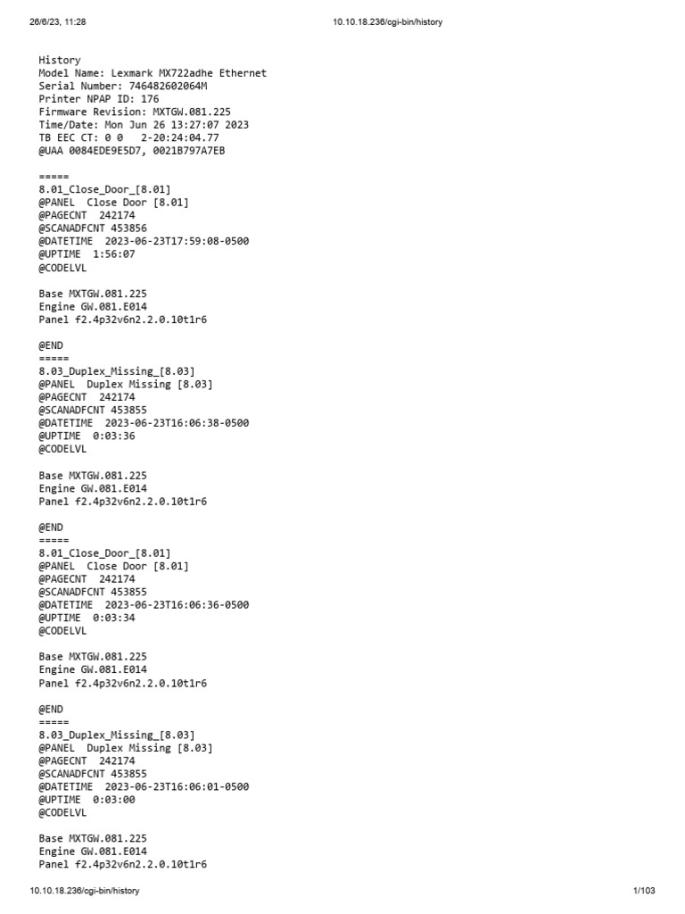 Lexmark MX722adhe Printer History | PDF