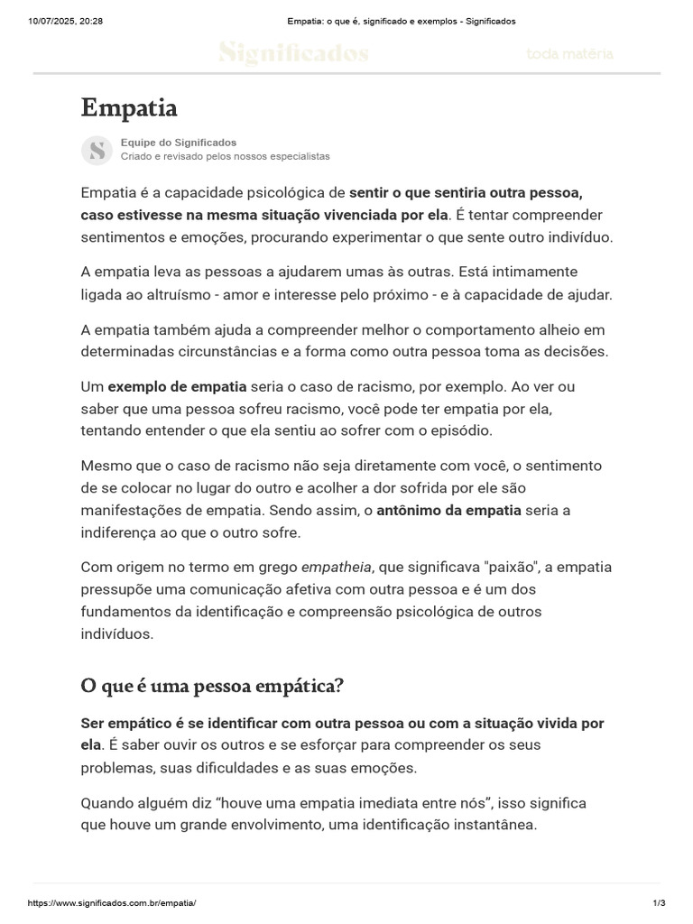 O que é empatia e sua importância | PDF | Empatia | Psicologia