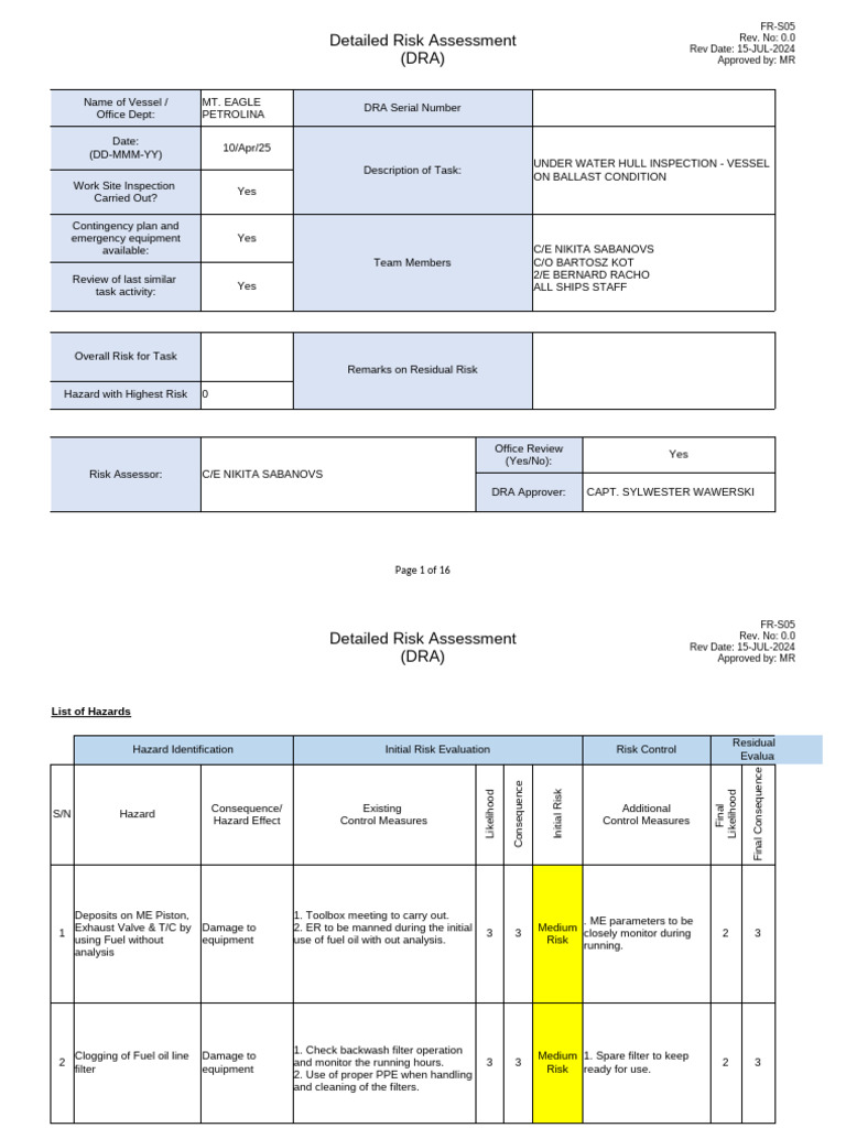 Underwater Hull Inspection Risk Assessment | PDF | Risk | Fuel Oil