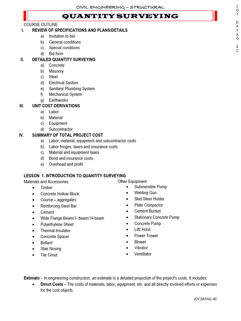 Quantity Surveying Course Outline | PDF | Concrete
