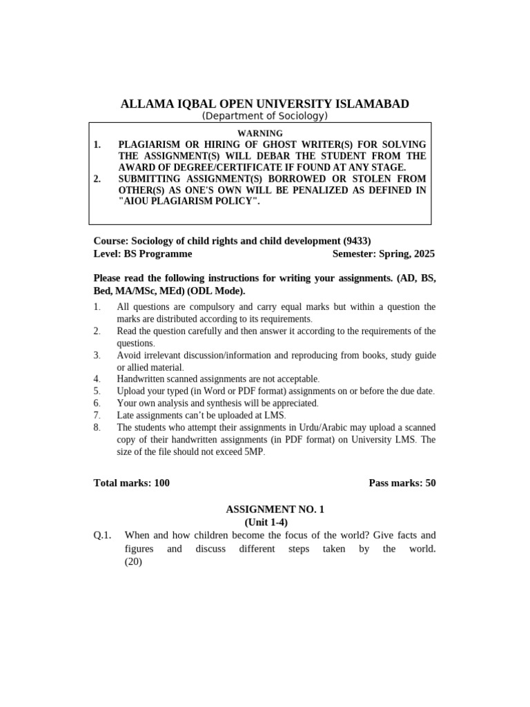 AIOU Sociology Assignment Guidelines | PDF