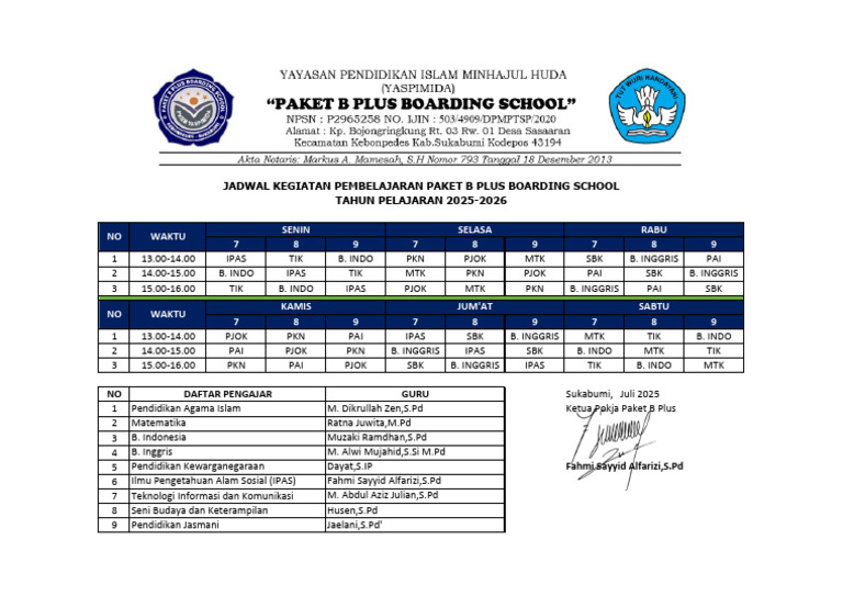 Jadwal Pembelajaran Paket B Plus 2025-2026 | PDF