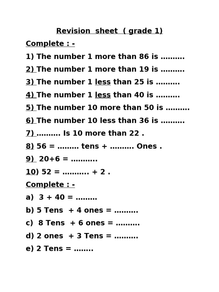 Grade 1 Maths Revision Worksheet | PDF
