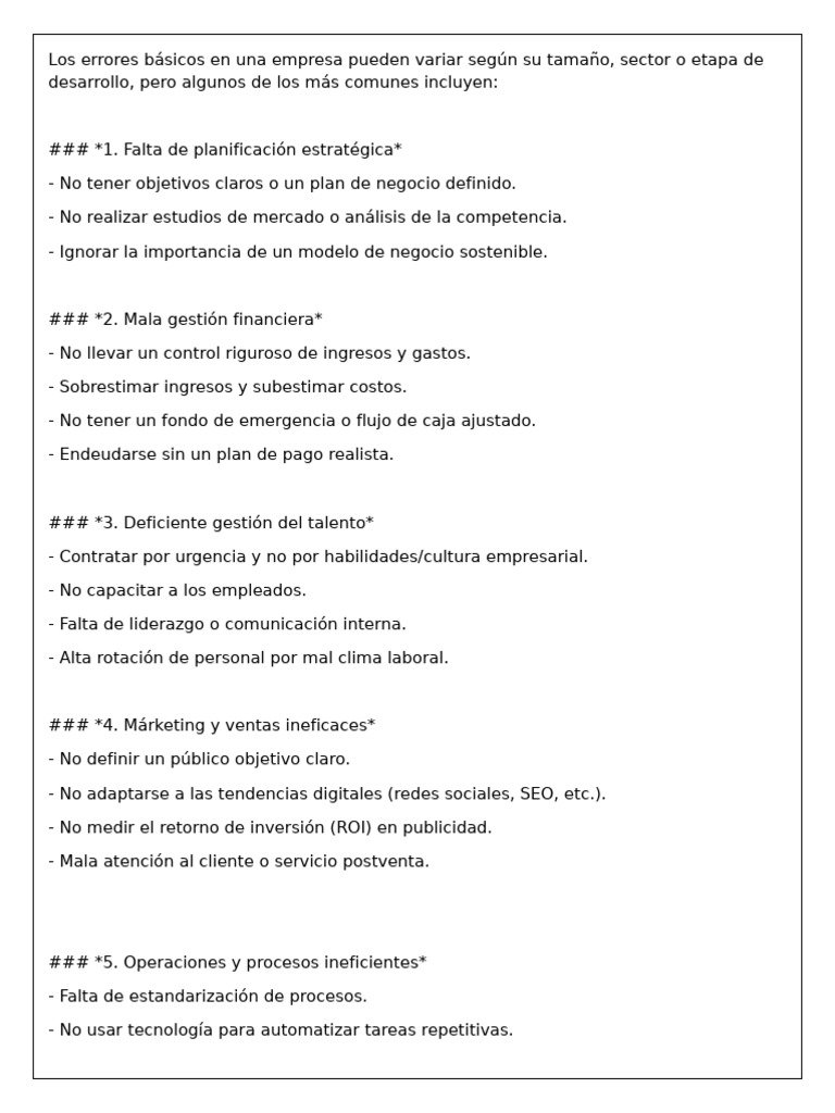 Errores comunes en la gestión empresarial | PDF | Business | Plan de ...