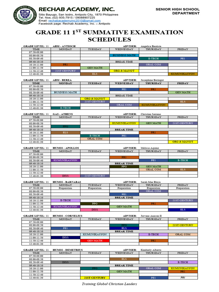 Grade 11 1st Summative Exam Schedule | PDF