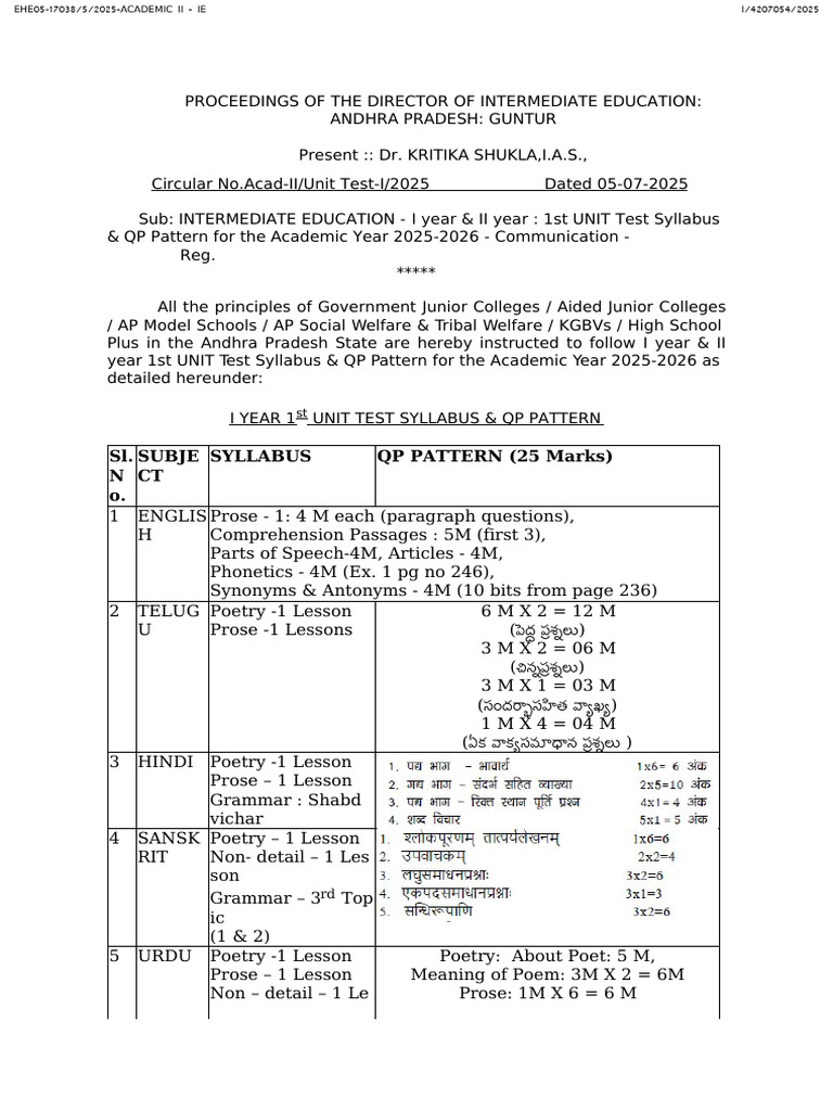 AP 1st Year Unit Test Syllabus 2025-26 | PDF | Writing | Linguistics