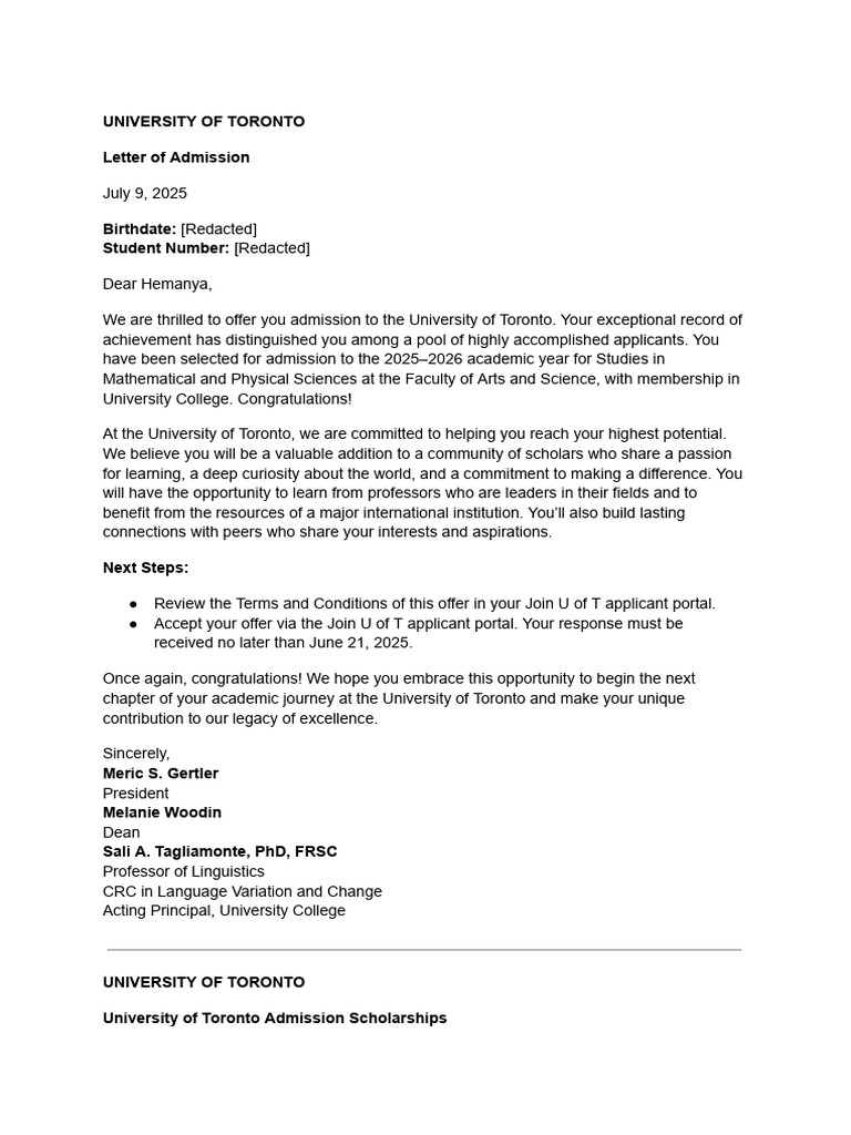 U of T Admission Offer and Next Steps | PDF