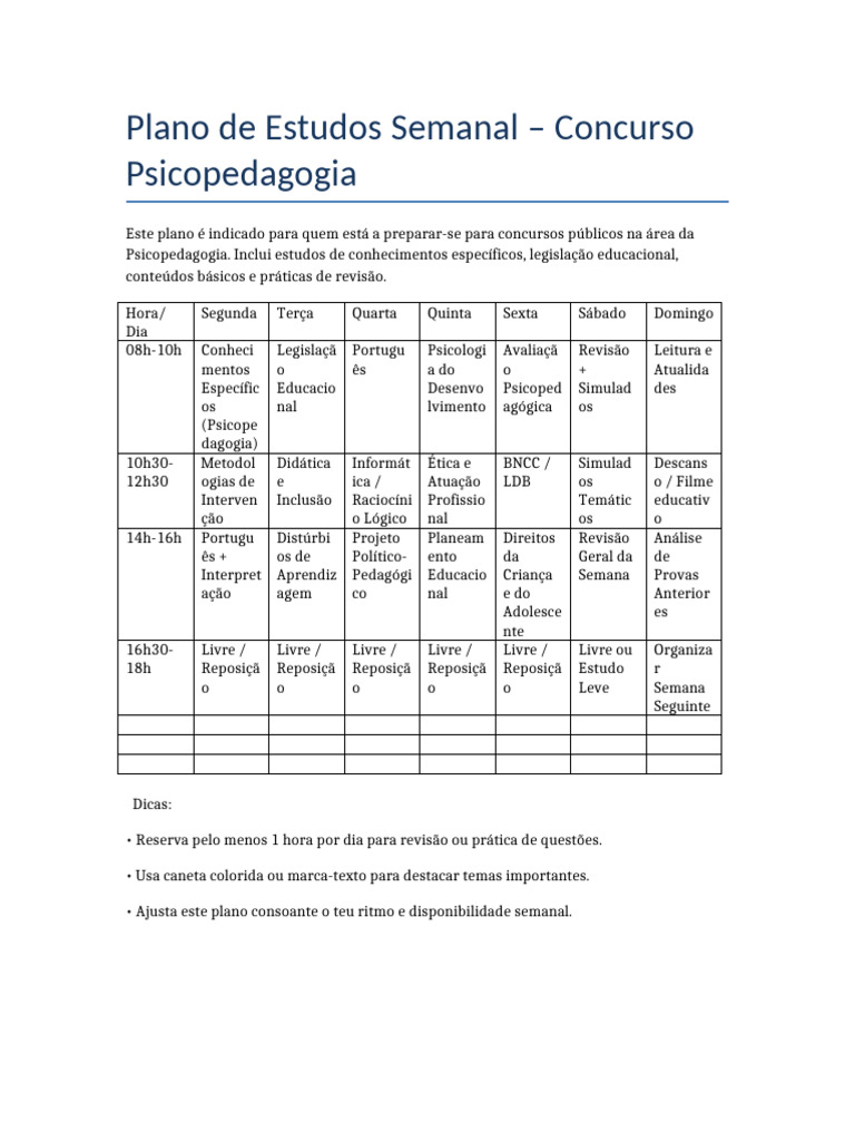 Plano de Estudos para Concurso Psicopedagogia | PDF