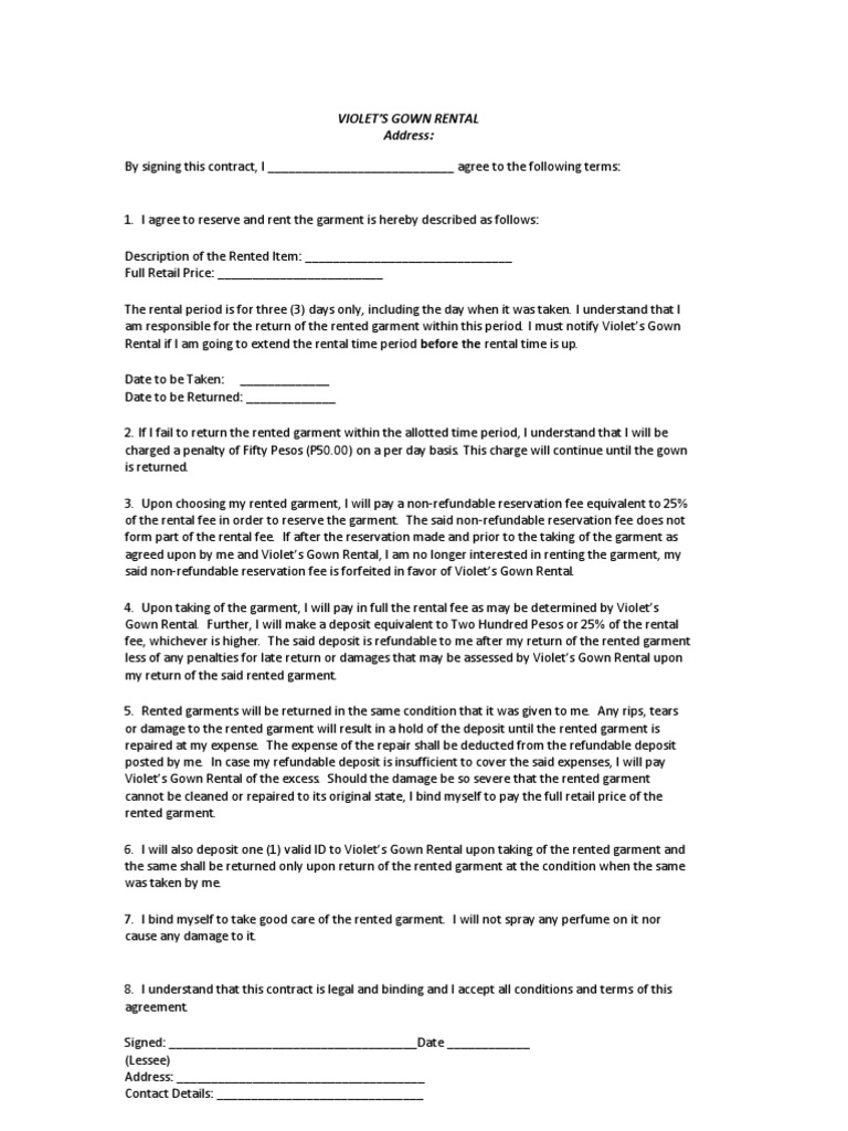 Gown Rental Agreement For Out of Chapel Weddings | PDF | Fee | Renting