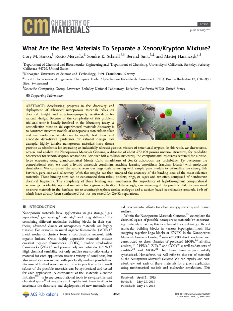 2015 - What Are The Best Materials To Separate A Xenon-Krypton Mixture ...
