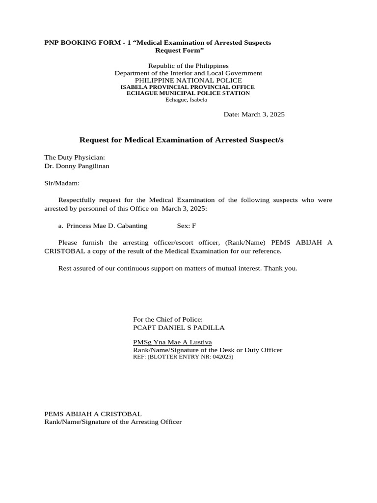 Medical Exam Request for Arrested Suspects | PDF | Government | Local ...