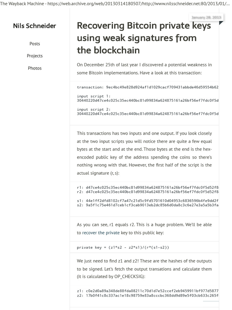 Recovering Bitcoin Private Keys Using Weak Signatures From The Blockchain -  Nils Schneider | PDF | Bitcoin | Computer Security
