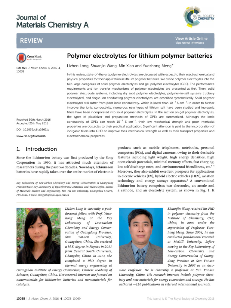 Polymer Electrolytes For Lithium Polymer Batteries | PDF | Electrolyte ...