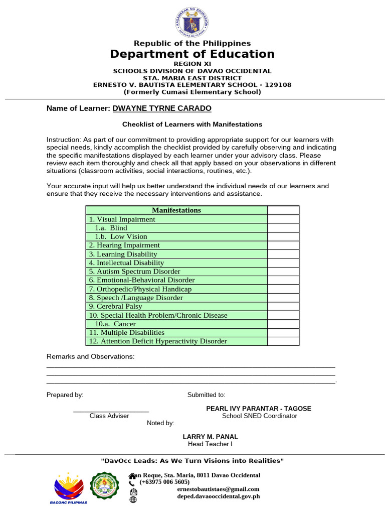 Checklist of Manifestations | PDF | Visual Impairment | Disability