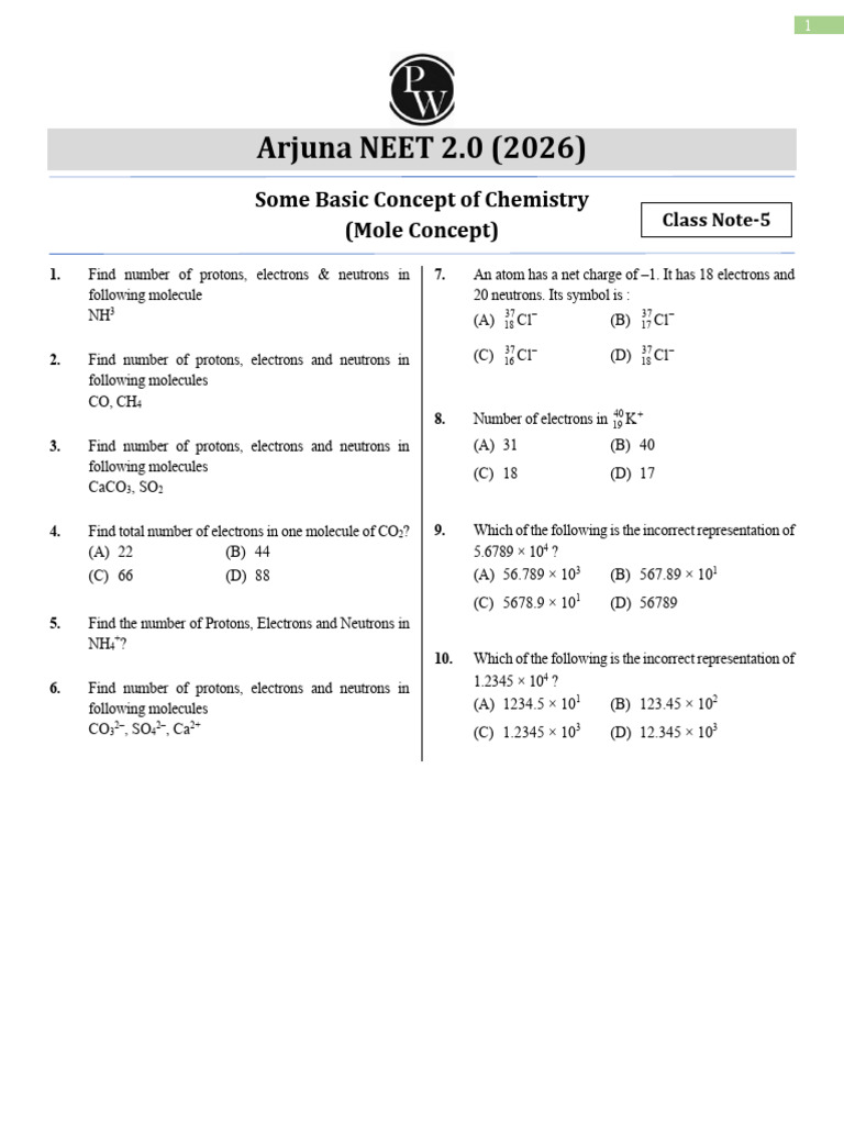 NEET Mole Concept Practice Questions | PDF | Proton | Chemistry