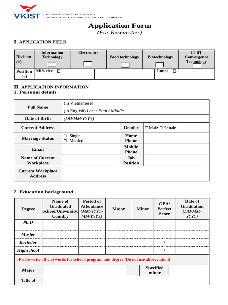 Researcher Application Form Template | PDF