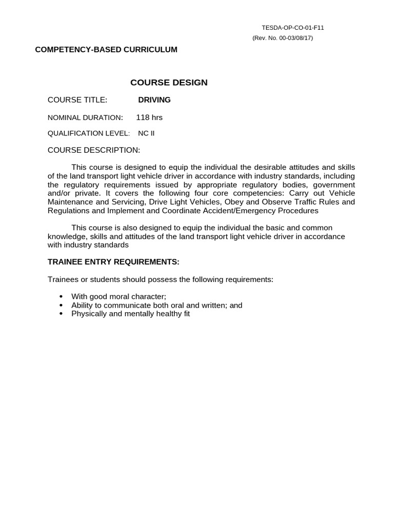 Driving NC II Competency Curriculum | PDF | Methodology | Occupational ...
