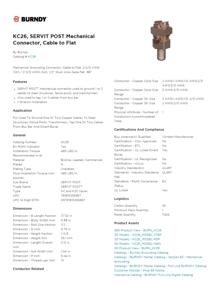 Burndy KC26 Mechanical Grounding Connector | PDF | Electrical Conductor ...