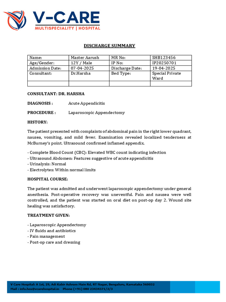 Appendicitis Discharge Summary for Aarush | PDF | Clinical Medicine ...