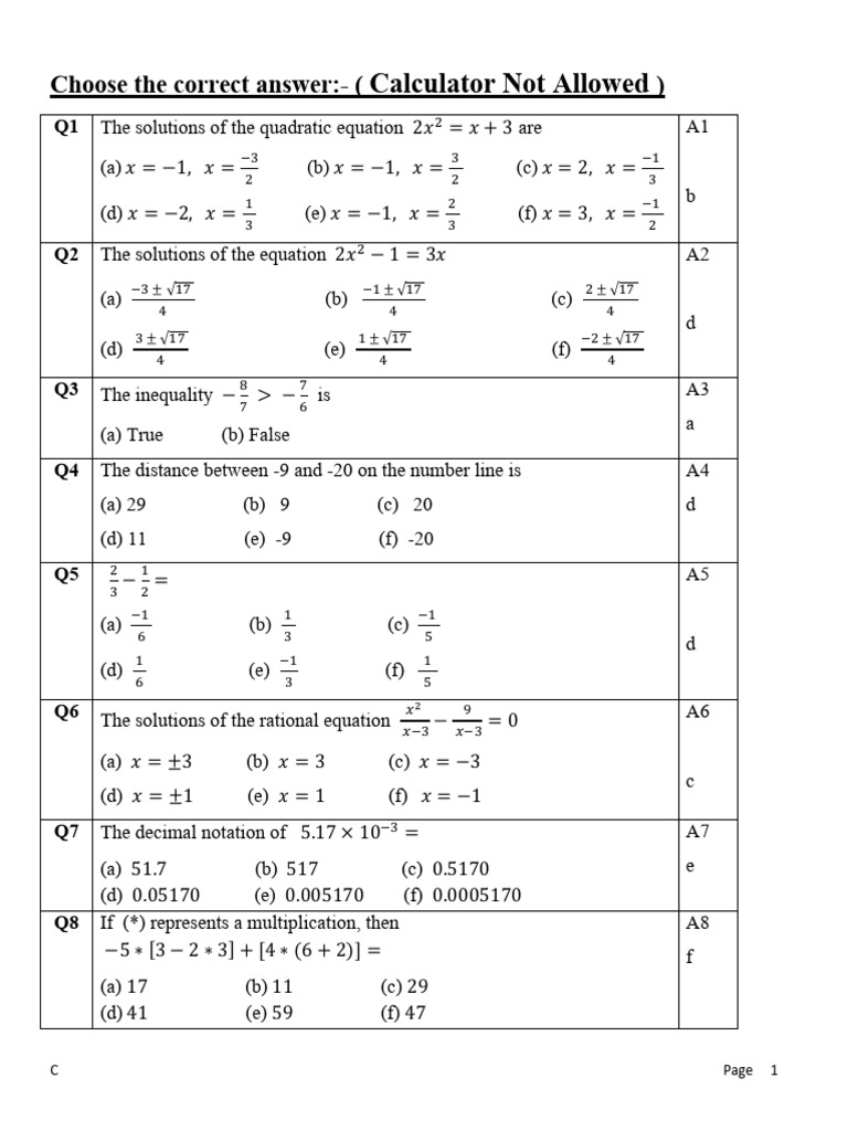 Quadratic and Algebraic Solutions Quiz | PDF | Elementary Mathematics ...