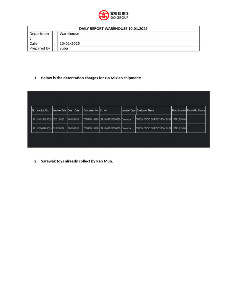 Daily Report Warehouse 10.01.2025 | PDF