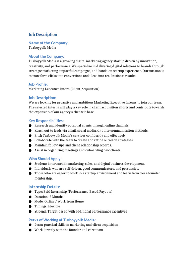 Marketing Executive Intern at Turboyyolk Media | PDF