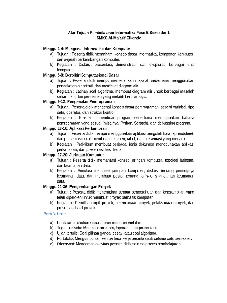 Alur Tujuan Pembelajaran Informatika Fase E Semester 1 | PDF