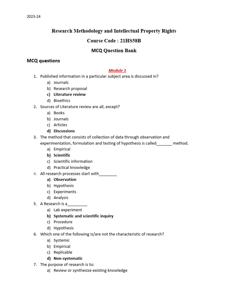 Research Methodology MCQ Question Bank | PDF | Level Of Measurement ...