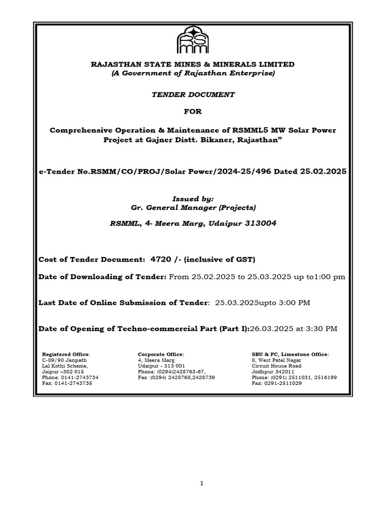 Rajasthan Solar Power Project Tender | PDF | Joint Venture | Offer And ...