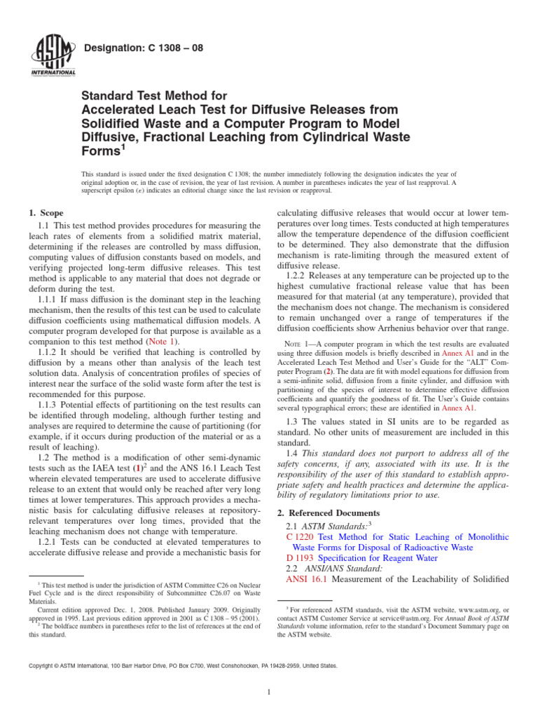 ASTM C1308: Accelerated Leach Test Method | PDF | Diffusion | Temperature