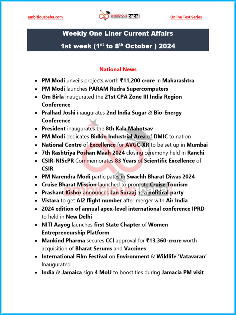 One Liner 1st Week 1st Oct 8th Oct | PDF