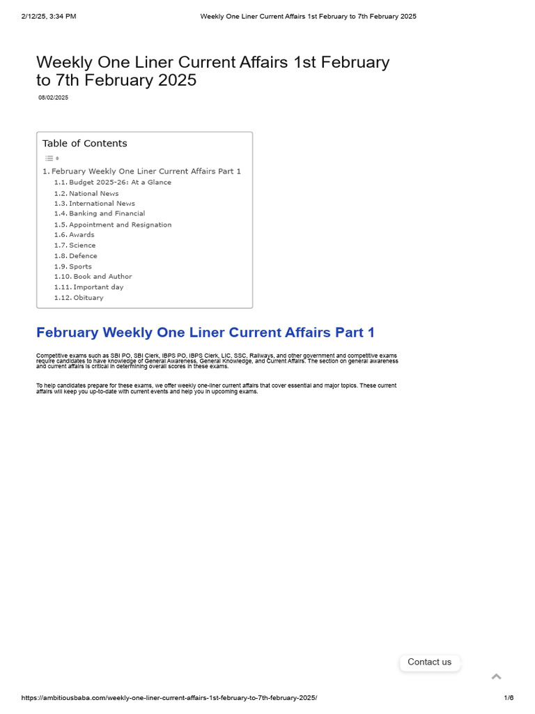 Weekly One Liner Current Affairs 1st February To 7th February 2025 | PDF
