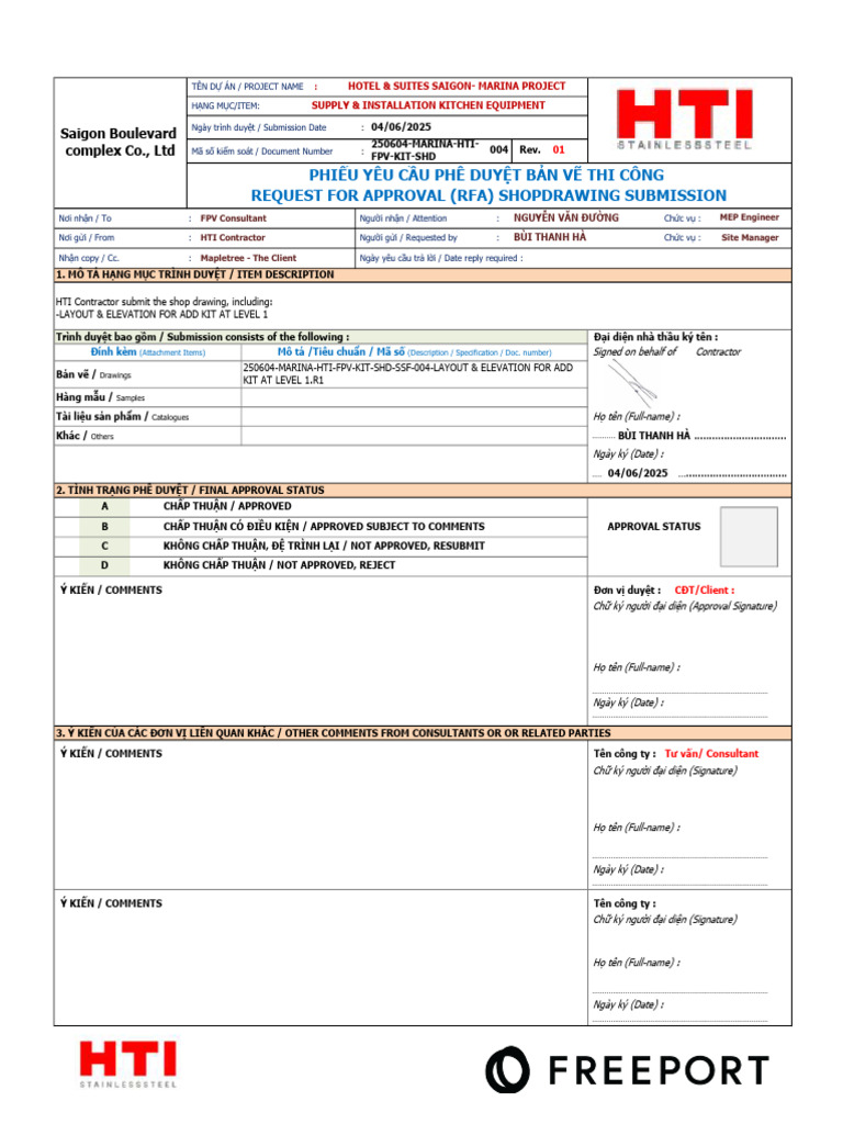 Phiếu Yêu Cầu Phê Duyệt Bản Vẽ Thi Công Request For Approval (Rfa ...
