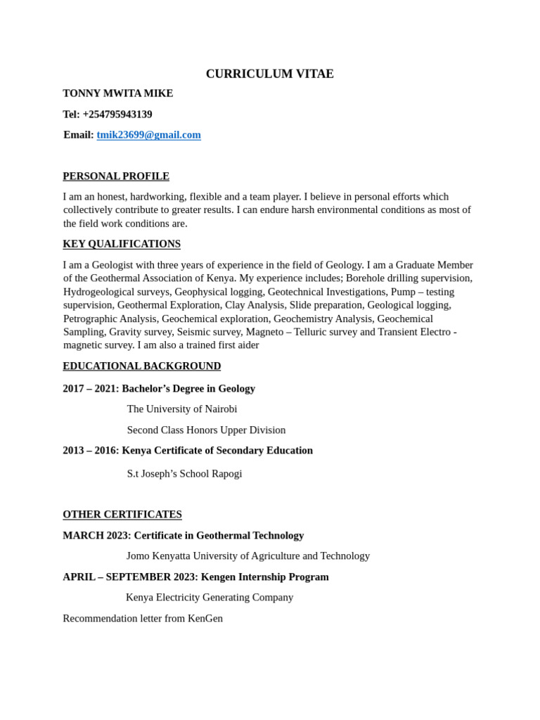 Geologist CV of Tonny Mwita Mike | PDF | Geology | Geotechnical Engineering