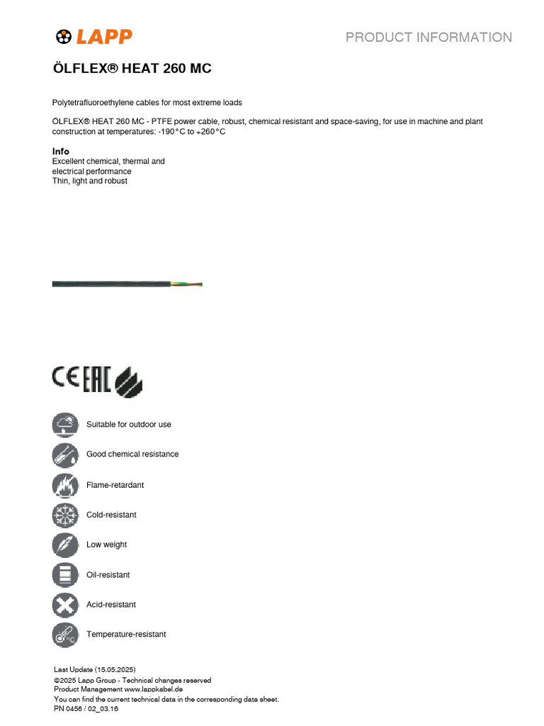 ÖLFLEX® HEAT 260 MC PTFE Cables | PDF | Materials | Electricity