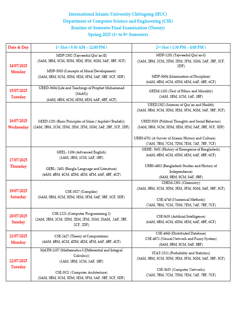 IIUC CSE Final Exam Schedule 2025 | PDF | Applied Mathematics