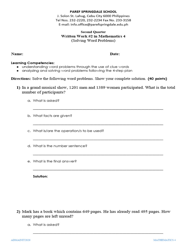 Math 4 Word Problems Worksheet | PDF