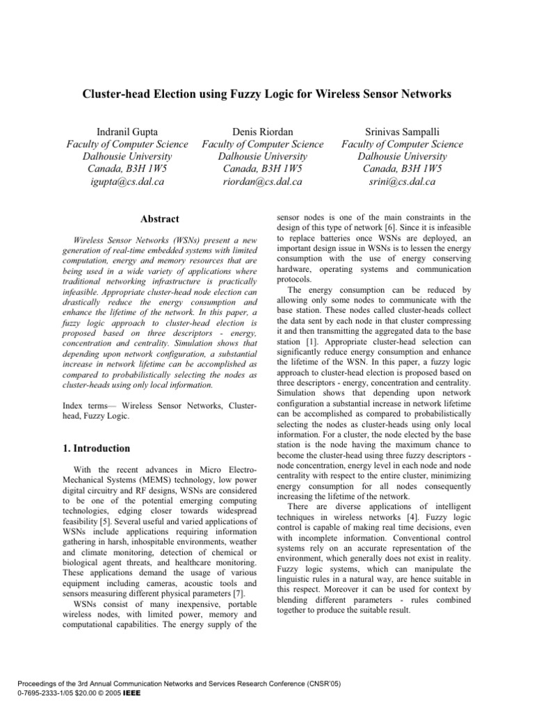 Cluster-Head Election Using Fuzzy Logic For Wireless Sensor Networks ...