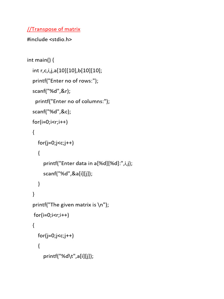 Transpose of Matrix in C Program | PDF
