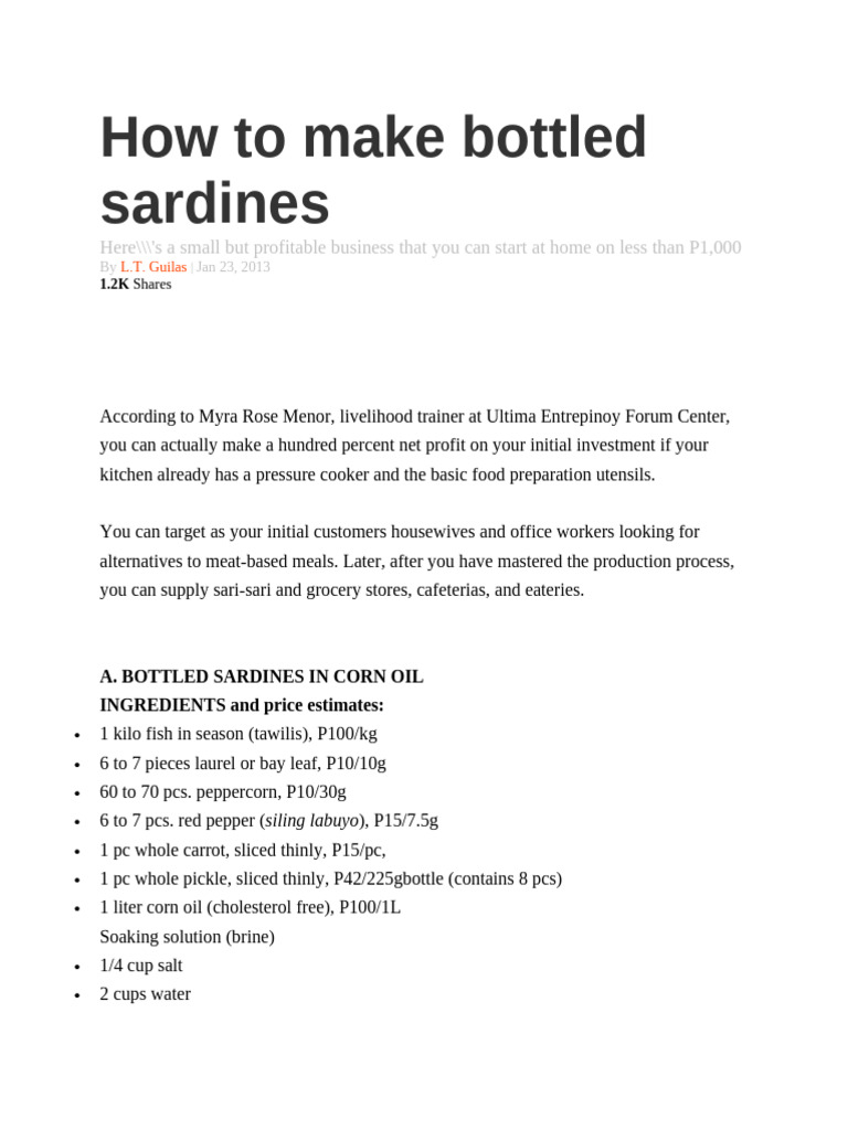 How to Make Bottled Sardines PDF Pressure Cooking Kitchen Utensil