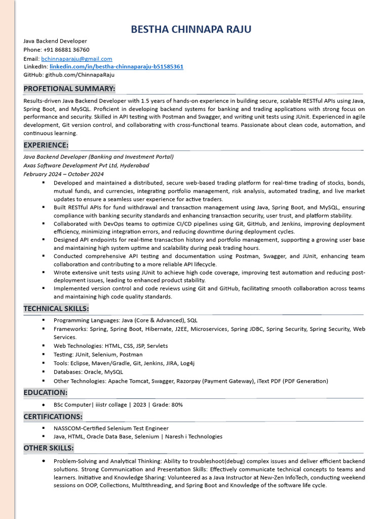 Java Backend Developer Resume | PDF | Software Development | Java ...