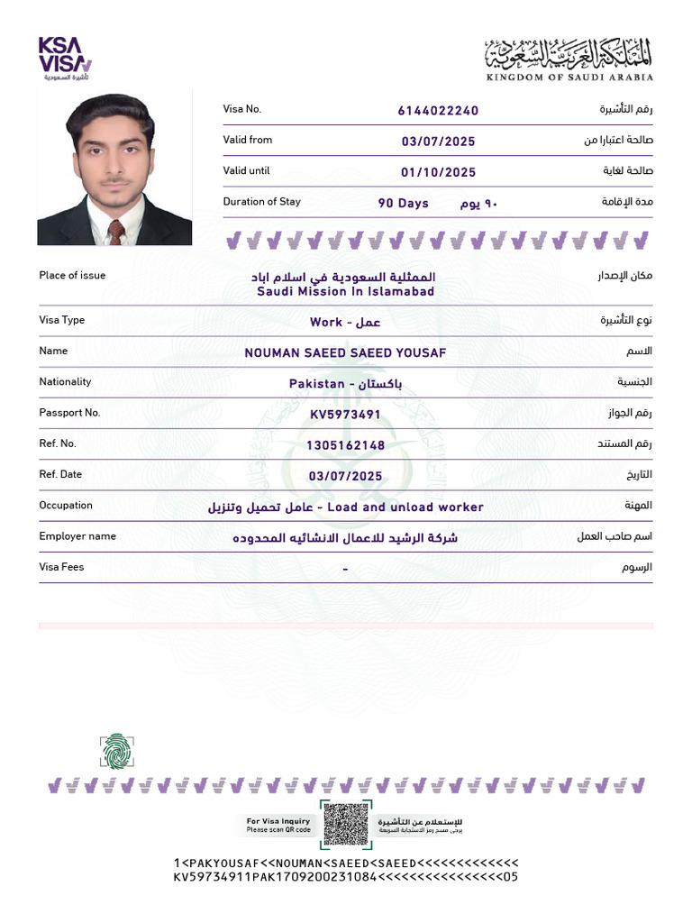Saudi Work Visa Details for Nooman Yousaf | PDF