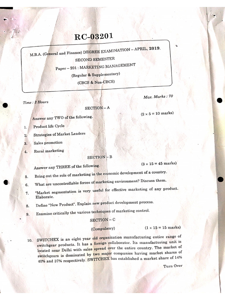 Marketing 2nd Semester Previous Question Papers MBA 1St Year | PDF