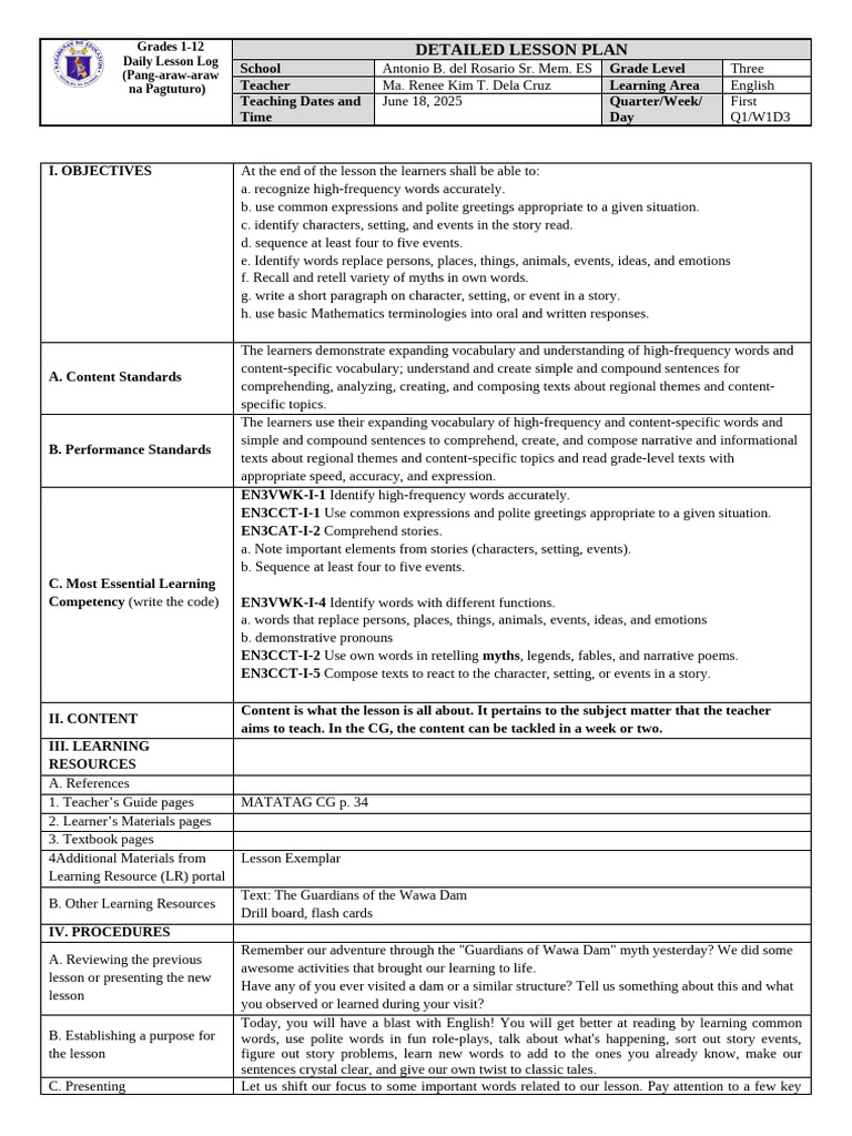 Grade 3 English Daily Lesson Plan | PDF | Learning | Vocabulary