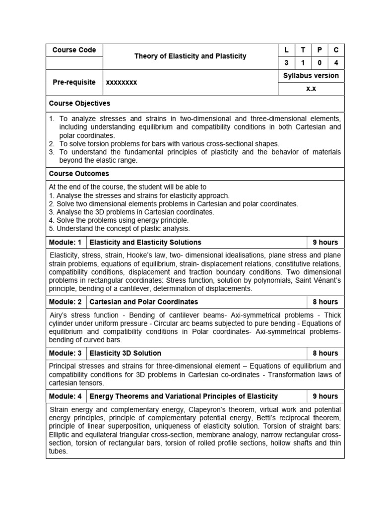 Elasticity and Plasticity Course Overview | PDF | Stress (Mechanics ...