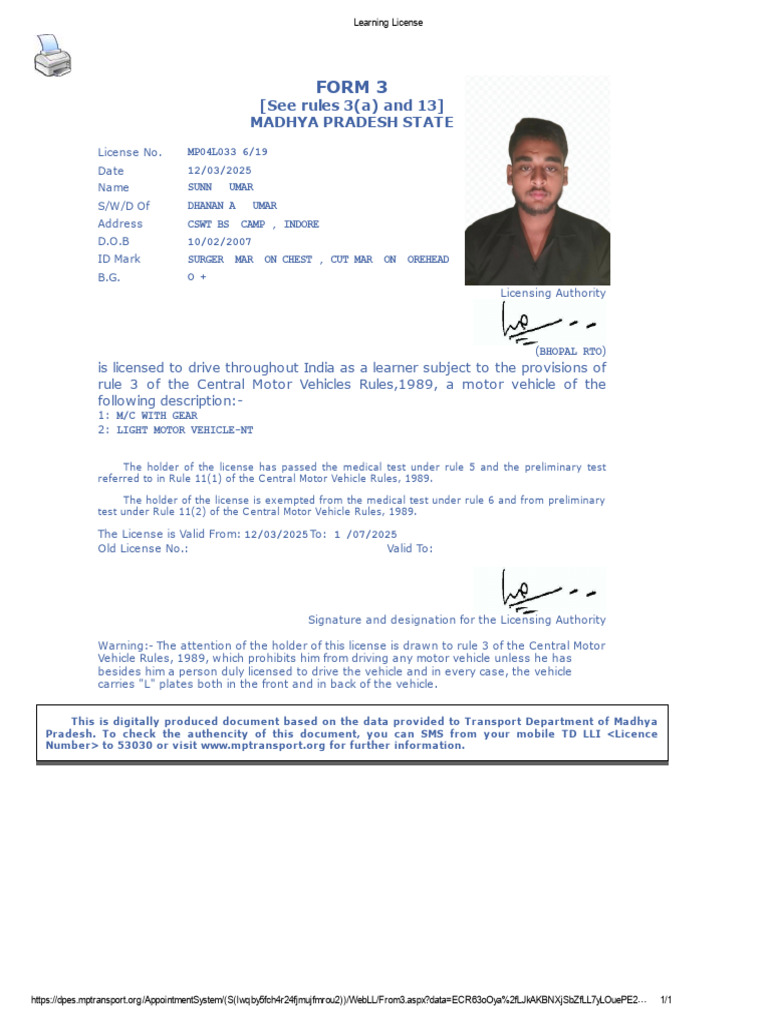 Madhya Pradesh Learning License Document | PDF | Road Transport | Driving