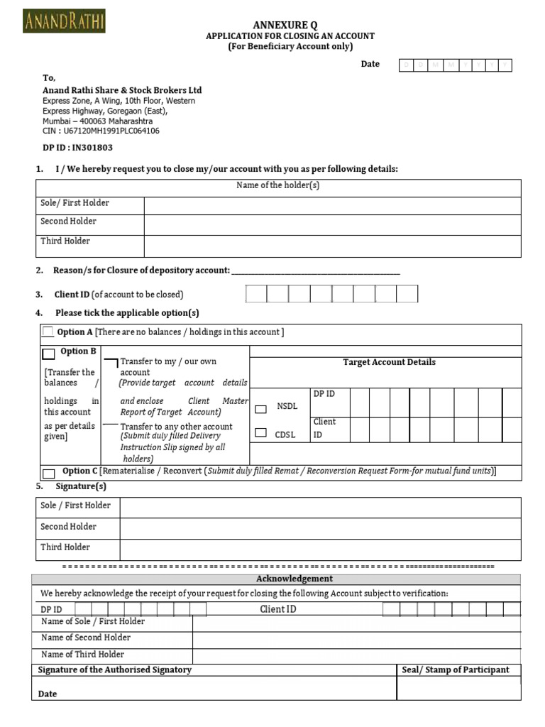 Anand Rathi Account Closure Request Form | PDF