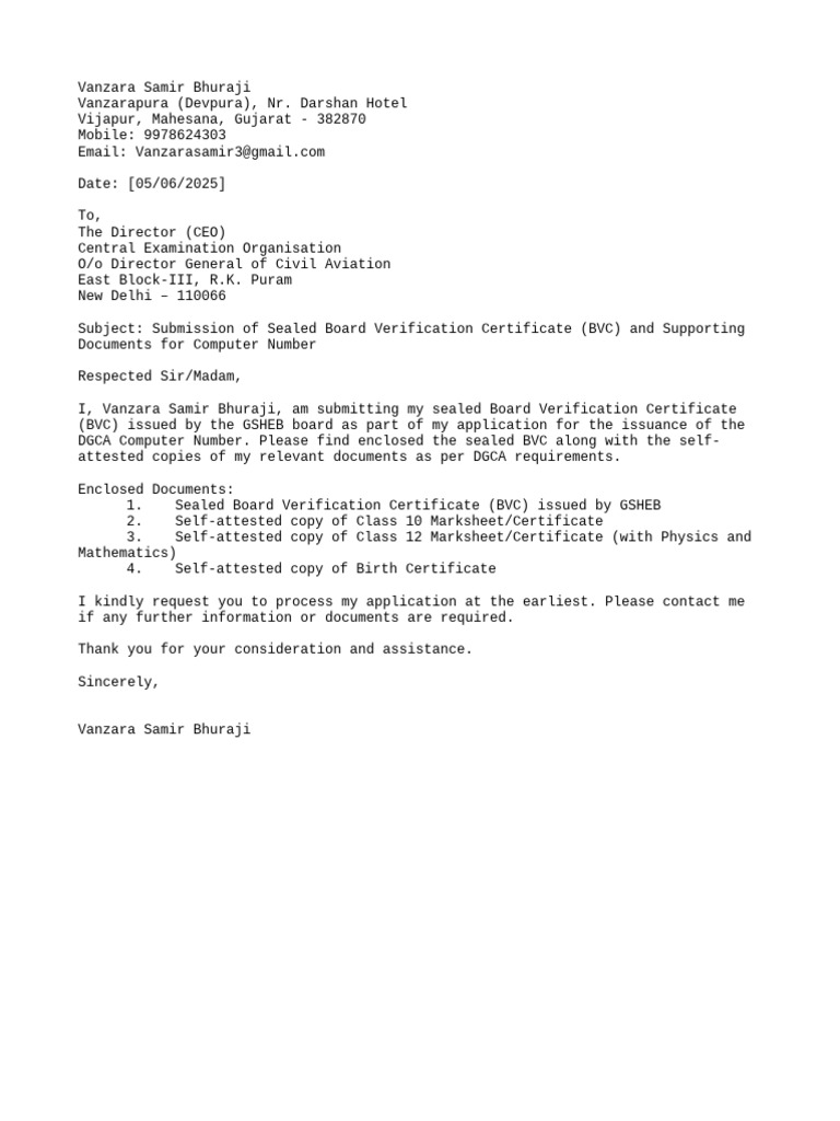 DGCA Application: BVC Submission | PDF
